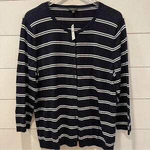 Talbots Navy & White Striped Lightweight Cardigan Sweater Womens Size XL NWT